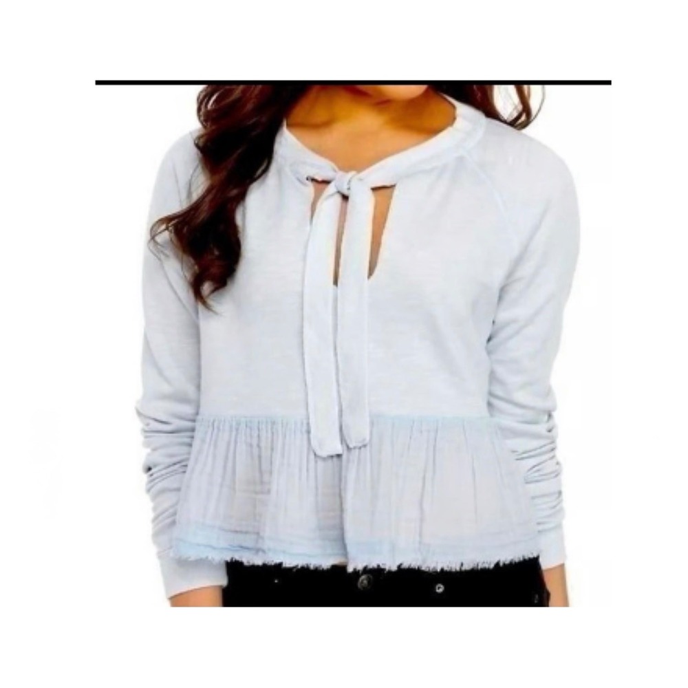 Free People Sweet Jane Pullover Top Blue Tie Neck Ruffle Hem Boho Medium